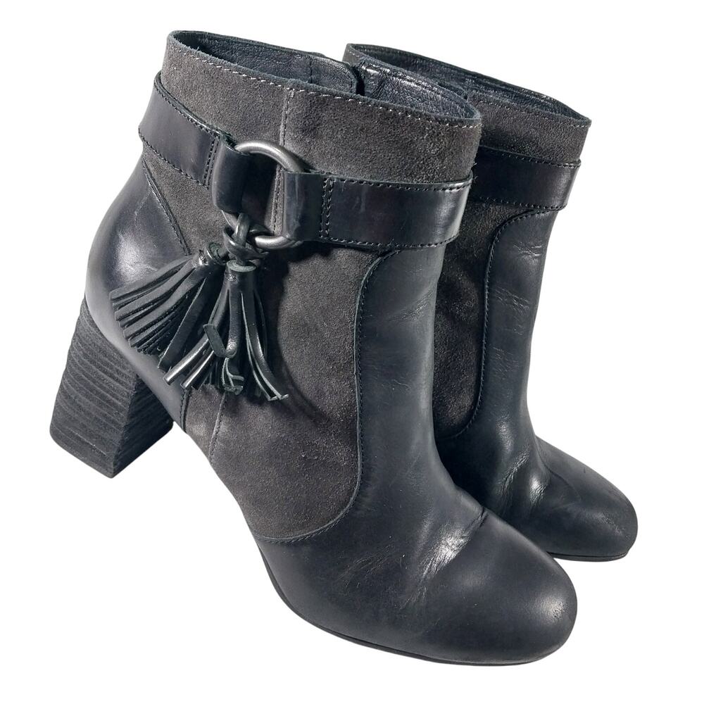 BORN! BLACK GENUINE LEATHER & GRAY SUEDE ANKLE HARNESS CHUNKY HEEL BOOTS! SZ 9M
